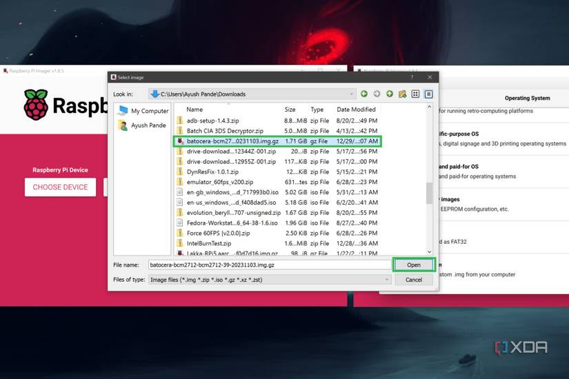 A screenshot of the Raspberry Pi Imager depicting the procedure to choose the Batocera image
