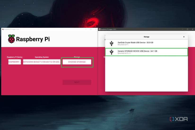 A screenshot of the Raspberry Pi Imager depicting the procedure to choose the microSD card