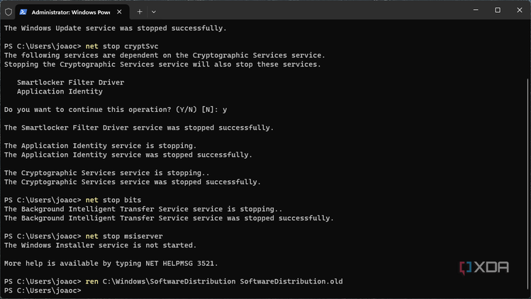 Screenshot of Command Prompt after running a command to rename the Software Distributin folder
