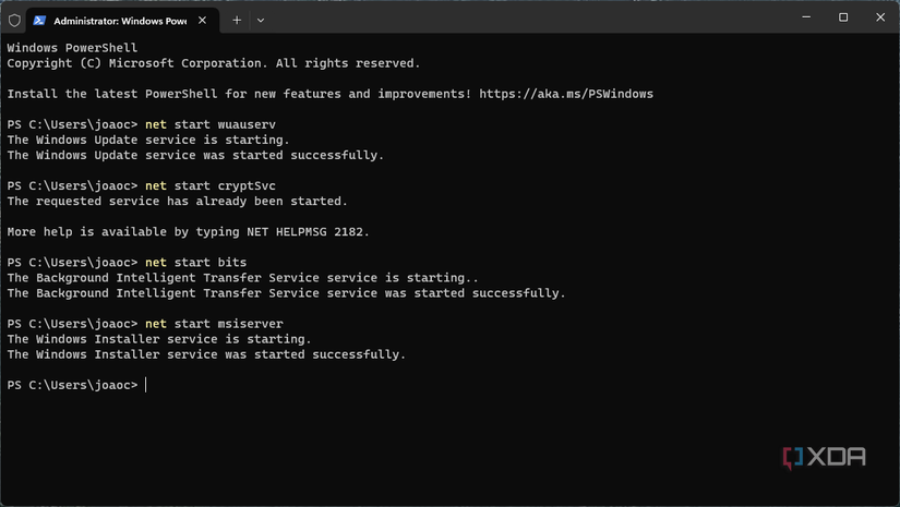 Screenshot of Windows Terminal after running commands to start Windows Update related services