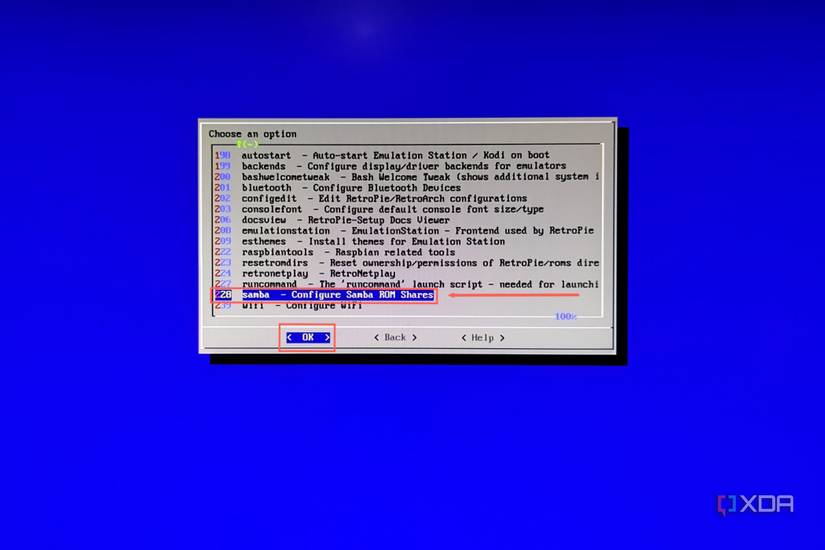 A screenshot of the RetroPie Setup wizard with Samba highlighted