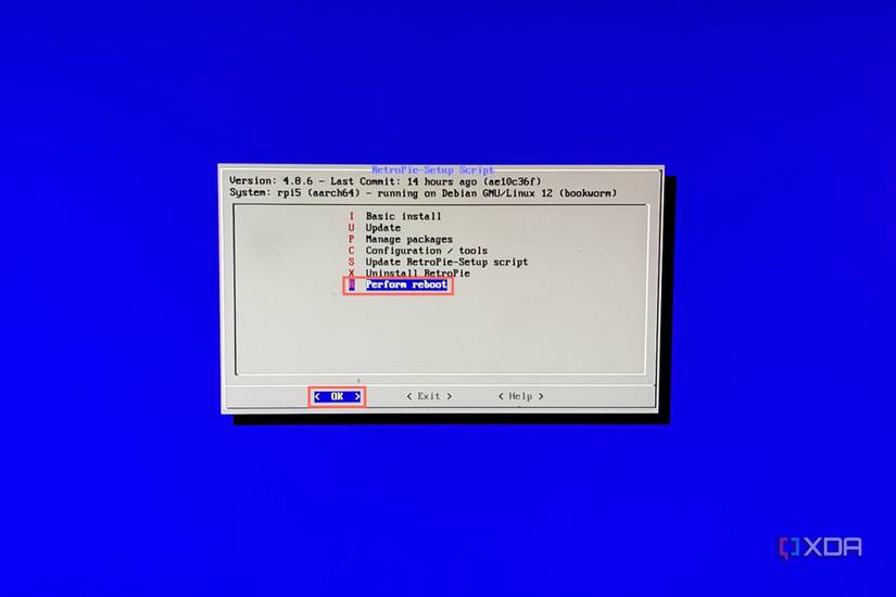A screenshot of the RetroPie Setup wizard highlighting the Perform Reboot option