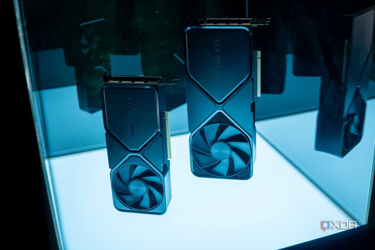 Nvidia GeForce RTX 4070 Super and GeForce RTX 4080 Super Founders Edition GPUs standing vertically