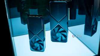 Nvidia GeForce RTX 4070 Super and GeForce RTX 4080 Super Founders Edition GPUs standing vertically