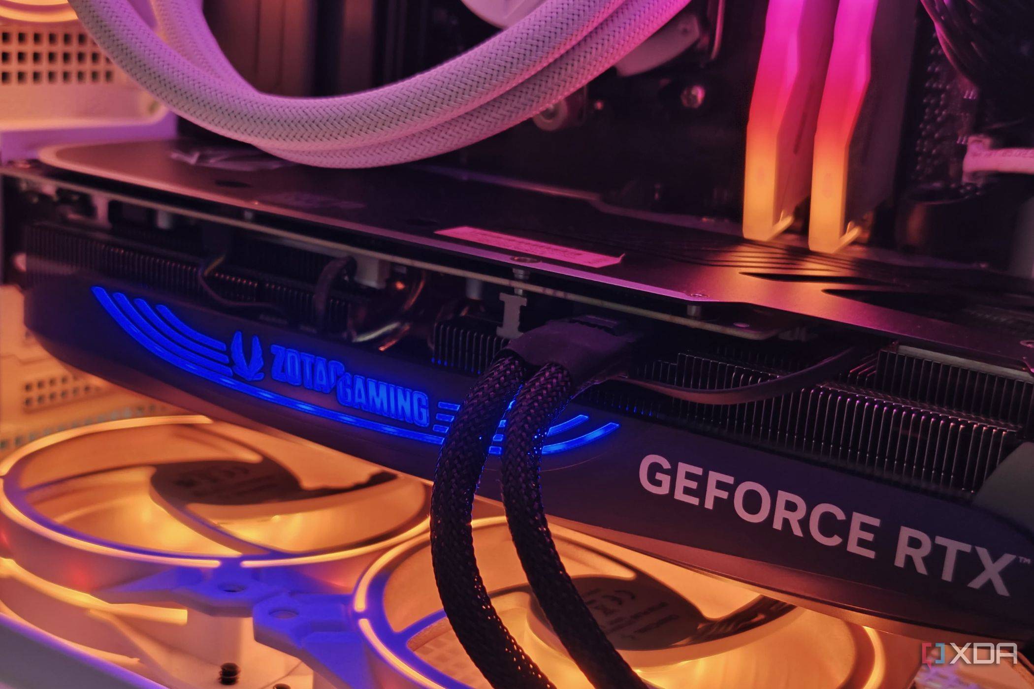 An image showing a Zotac Gaming GeForce RTX 4070 Super Trinity Black Edition GPU installed on a computer.