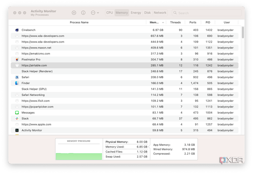 Activity Monitor showing RAM usage during a Cinebench test. 
