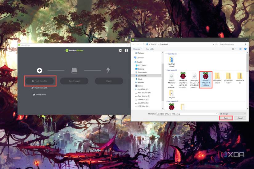 A screenshot of Balena Etcher depicting the procedure to select an img file