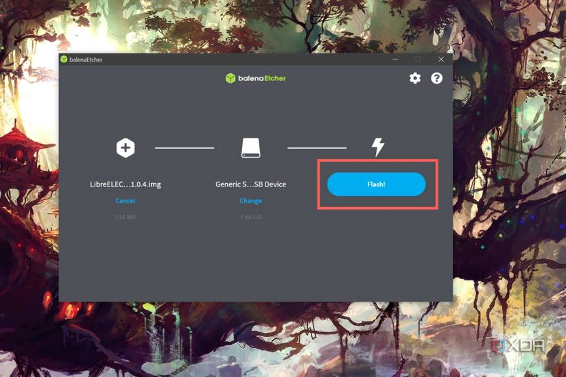 A screenshot of Balena Etcher depicting the procedure to flash an img file