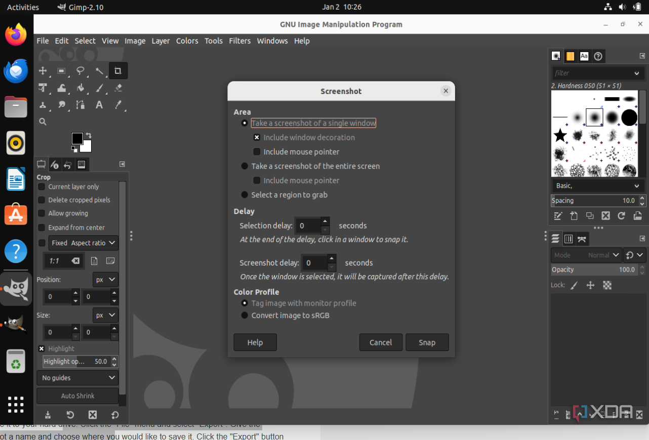 A screenshot of the screenshot options in GIMP inculding a timed delay