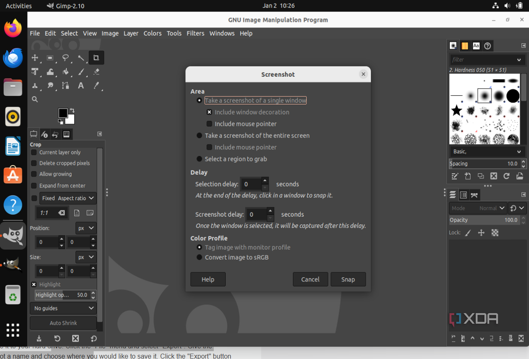 A screenshot of the screenshot options in GIMP inculding a timed delay