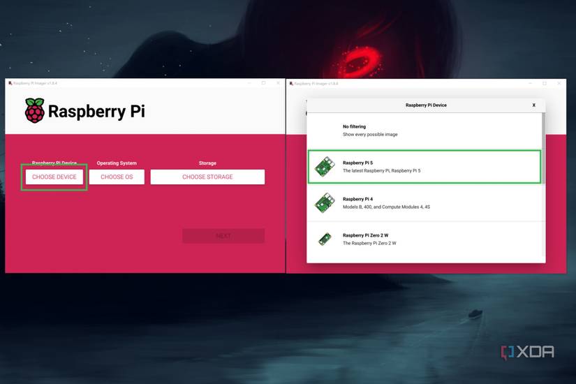 A screenshot of Raspberry Pi Imager depicting the procedure to select the model of the Raspberry Pi