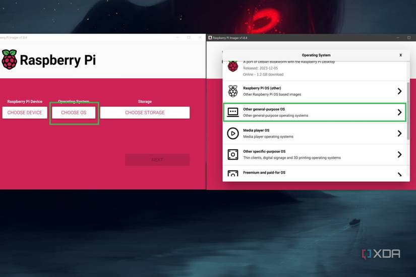 A screenshot of Raspberry Pi Imager depicting the procedure to select the OS