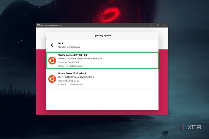 A screenshot of Raspberry Pi Imager depicting the procedure to select the Desktop version of Ubuntu