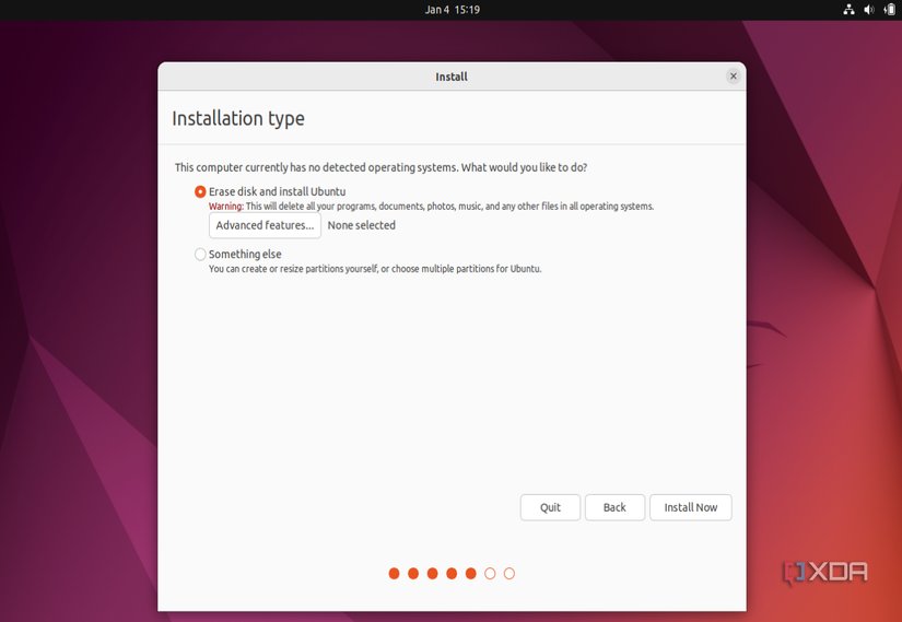 A screenshot of the Ubuntu installer showing the option to erase the disk and install Ubuntu