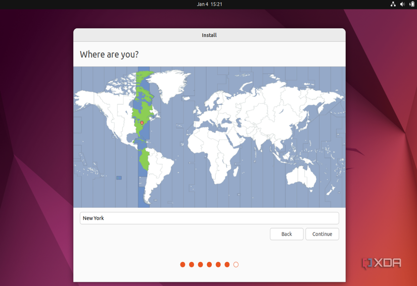 A screenshot of the location options in Ubuntu in the installer showing New York