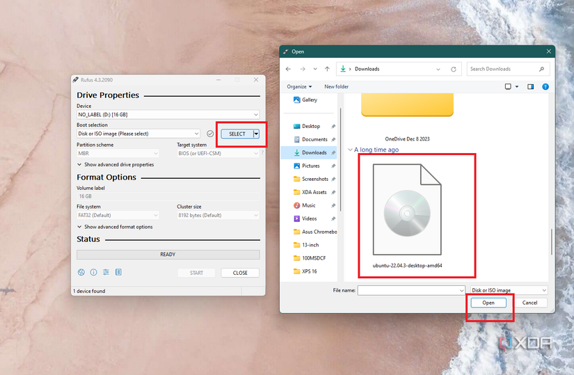 A screenshot of the Ubuntu ISO file being opened by Rufus on Windows 11