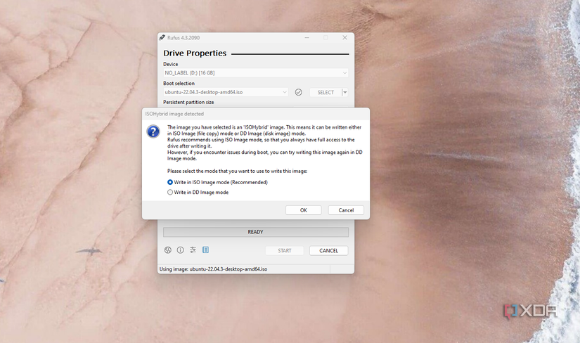 A screenshot of running Rufus on Windows 11 to install Ubuntu on a USB drive as an ISO file