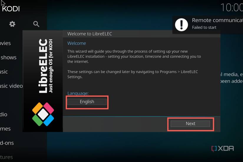 A screenshot of the LibreELEC setup procedure with the Language setting highlighted