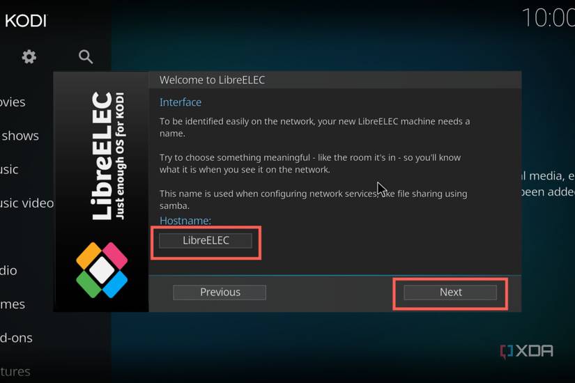 A screenshot of the LibreELEC setup procedure with the Hostname highlighted