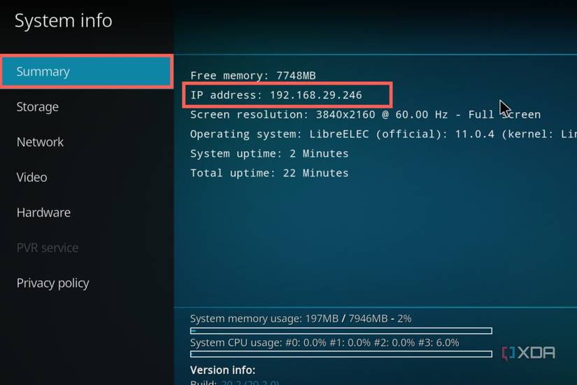A screenshot of LibeELEC with the IP address highlighted