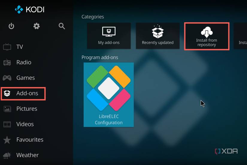 A screenshot of LibeELEC with the Add-ons tab highlighted