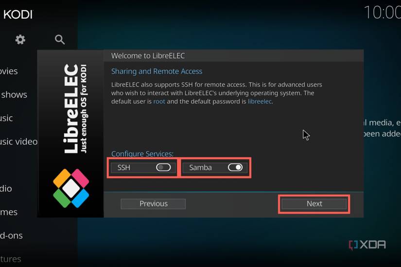 A screenshot of the LibreELEC setup procedure with the Samba and SSH settings highlighted