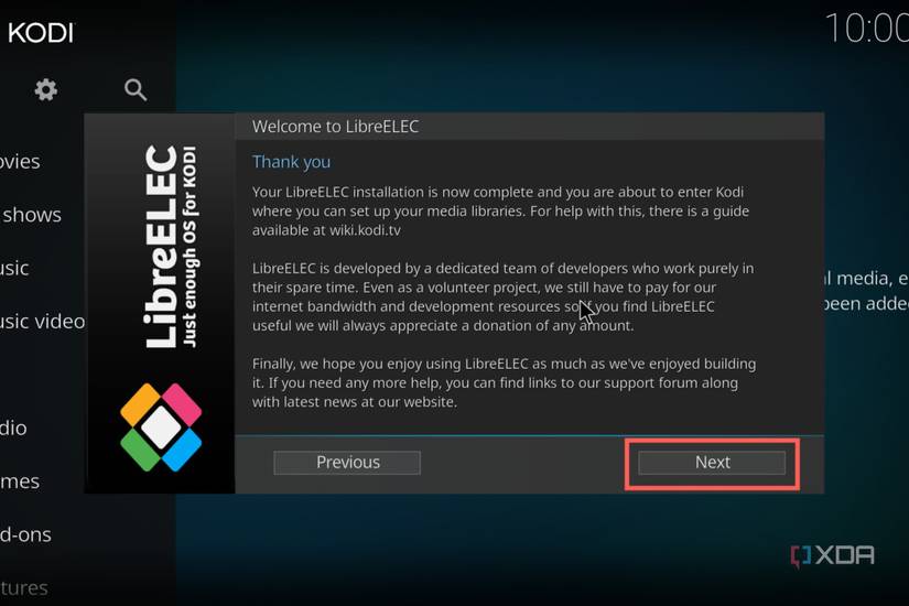 A screenshot of the LibreELEC setup procedure with the Next button highlighted