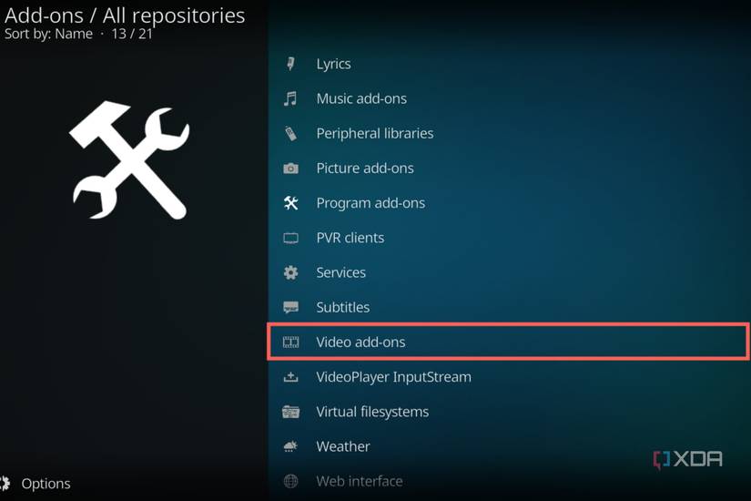 A screenshot of LibeELEC depicting the Video add-ons option