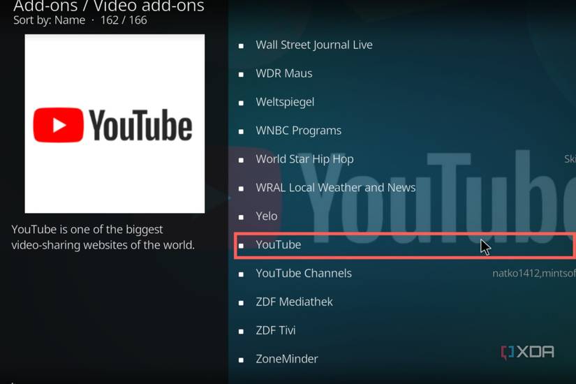 A screenshot of LibreELEC with the YouTube add-on highlighted