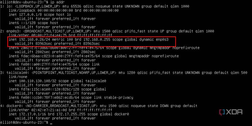 A screenshot of IP addr in Ubuntu.