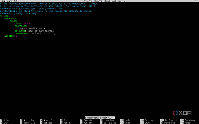 A screenshot of Ubuntu's netplan config file with details filled in.