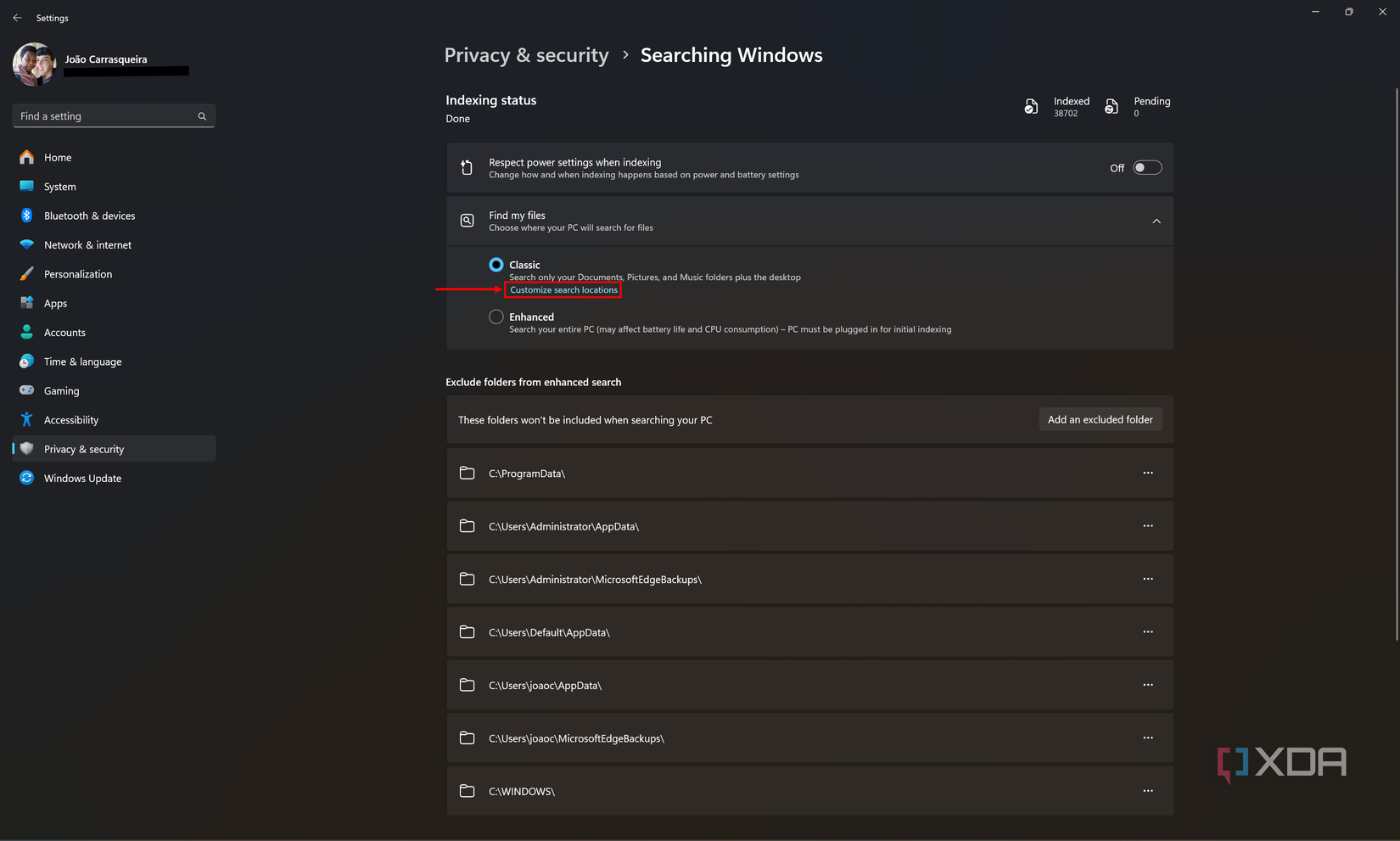 Screenshot of Windows search indexing options with the Change search locations button highlighted