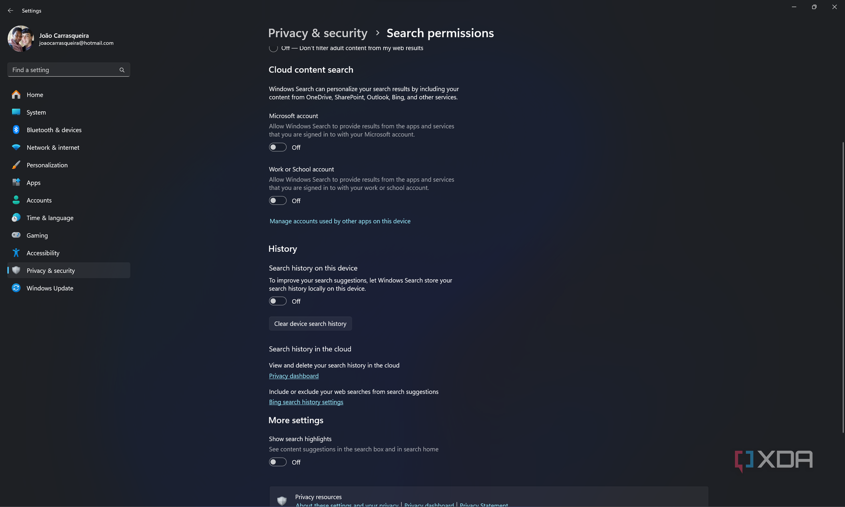 Screenshot of search permissions settings in Windows 11