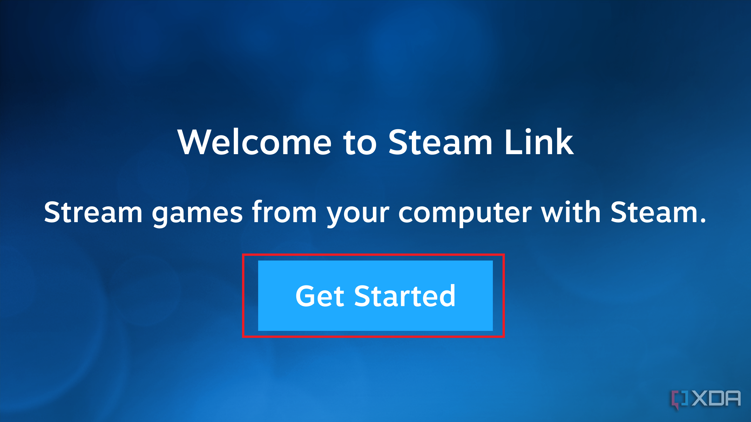 The welcome page of the Steam Link application with the get started button highlighted.