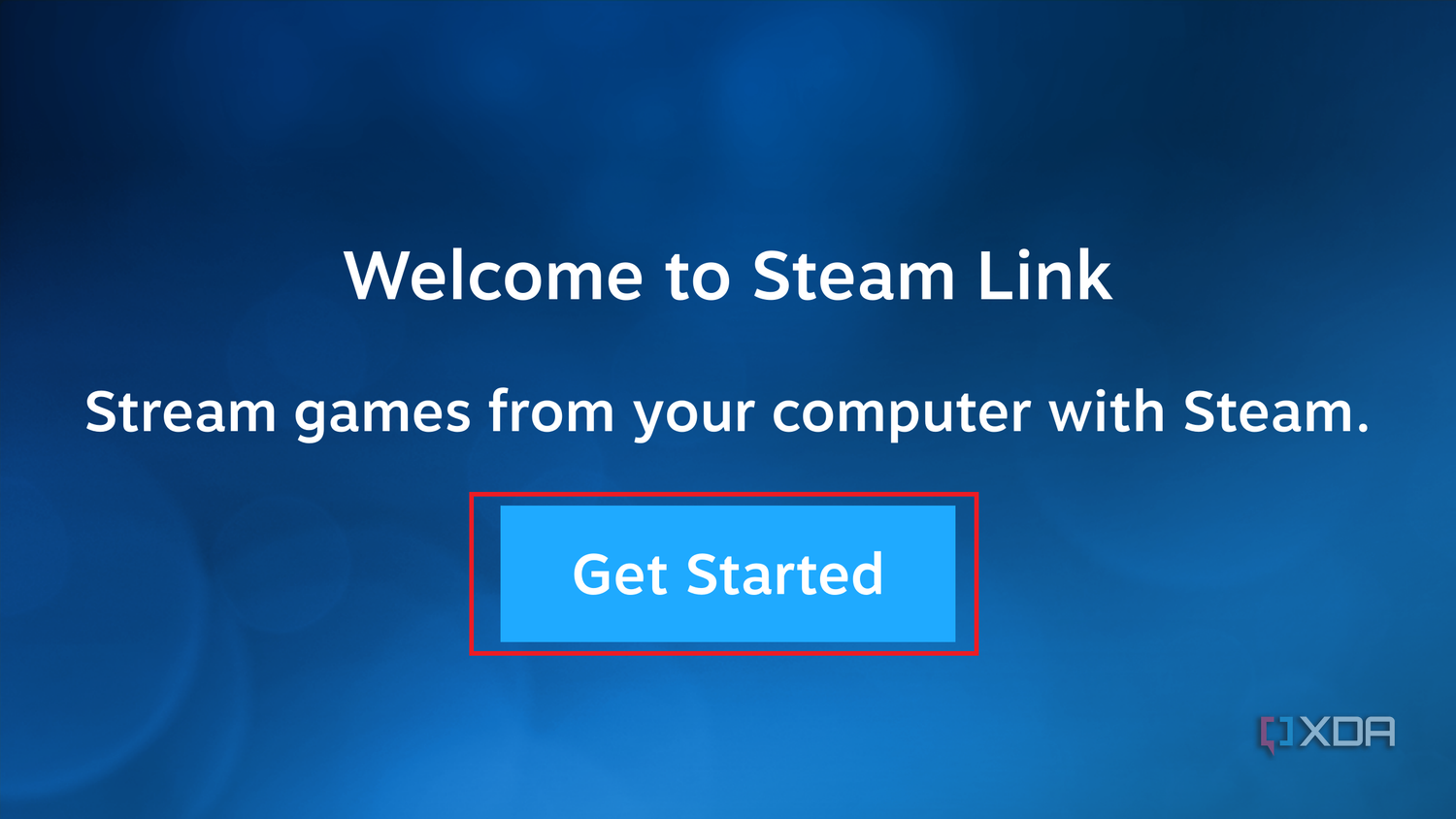The welcome page of the Steam Link application with the get started button highlighted.