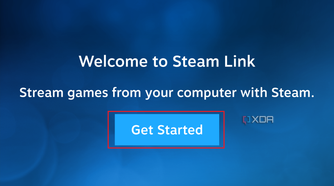 The welcome page of the Steam Link application with the get started button highlighted.