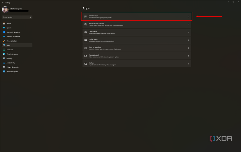 Screenshot of the apps section in Windows 11 settings with the Installed apps option highlighted