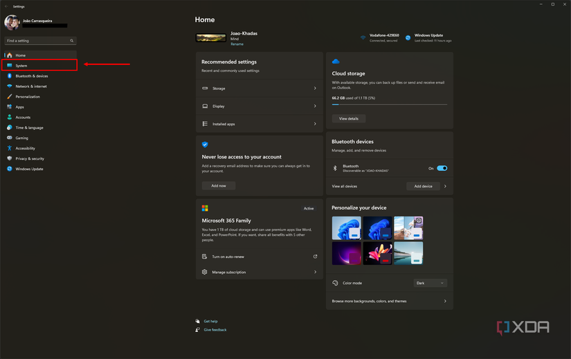 Screenshot of the Windows 11 Settings app with the System section highlighted
