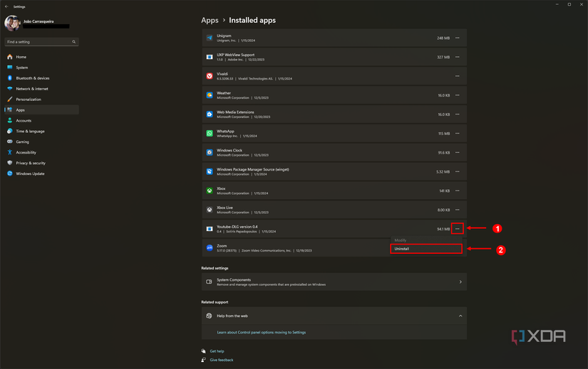 Screenshot of the installed apps page in Windows 11 Settings with the Uninstall button highlighted