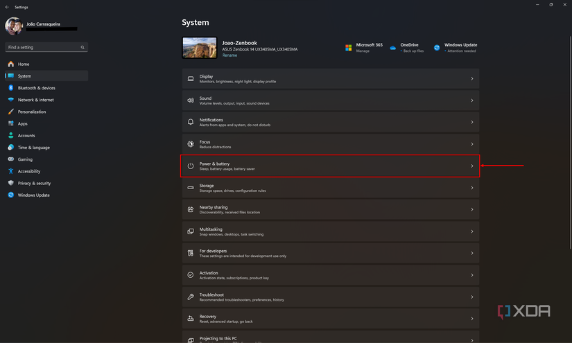 Screenshot of the System section in Windows 11 Settings with the Power & battery option highlighted