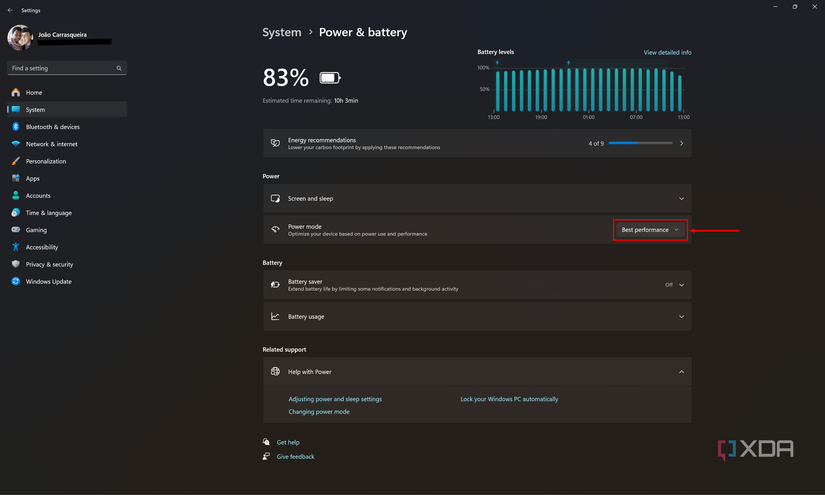 Screenshot of the Power & battery section in Windows 11 Settings with the power mode set to Best performance