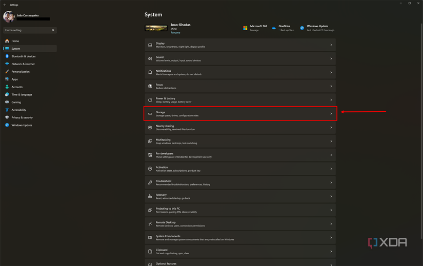 Screenshot of the system section in the Windows 11 Settings app with the Storage option highlighted