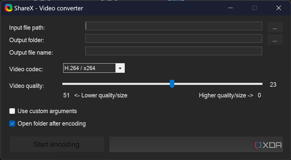 Screenshot of video converter settings in ShareX