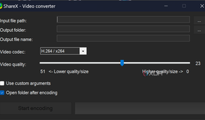 Screenshot of video converter settings in ShareX