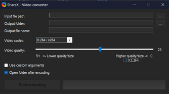Screenshot of video converter settings in ShareX