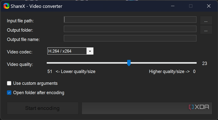 Screenshot of video converter settings in ShareX