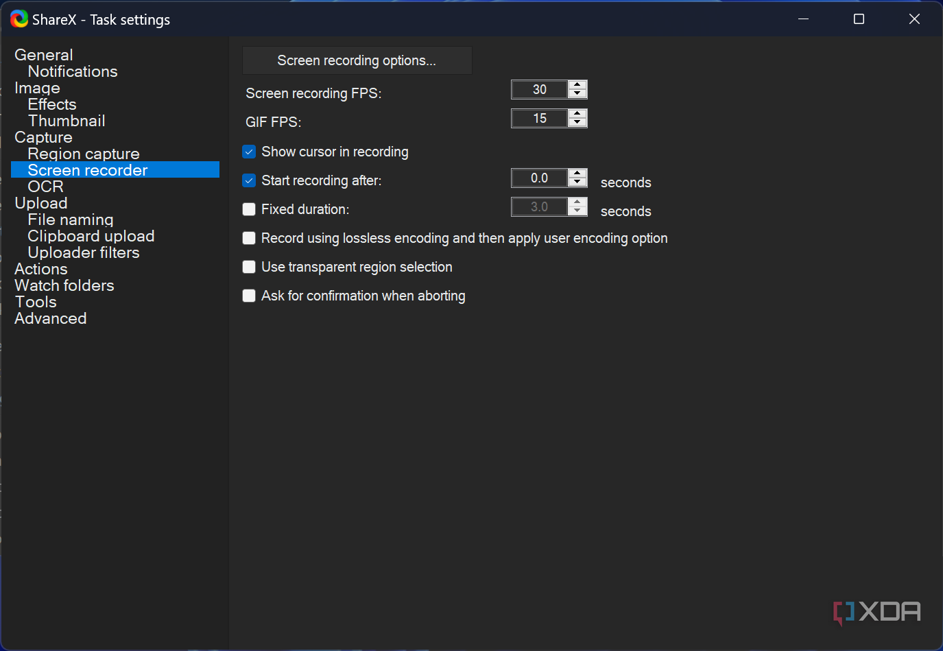 Screenshot of screen recorder settings in ShareX