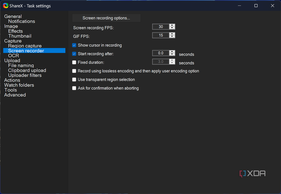 Screenshot of screen recorder settings in ShareX