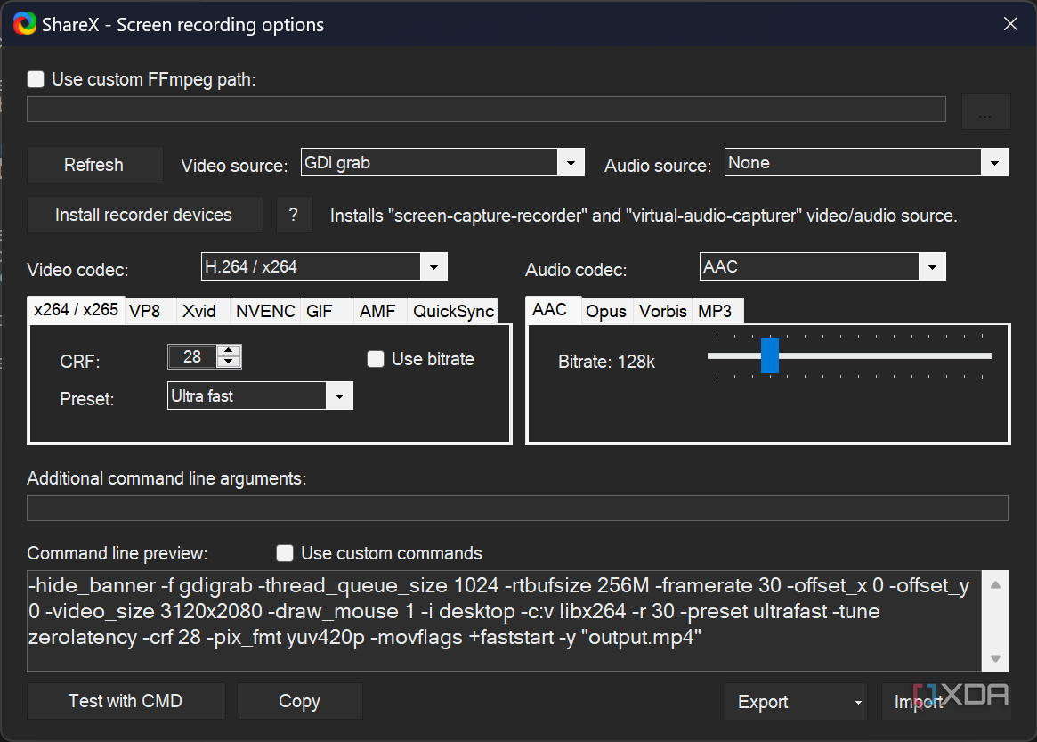 Screenshot of advanced screen recording options in ShareX
