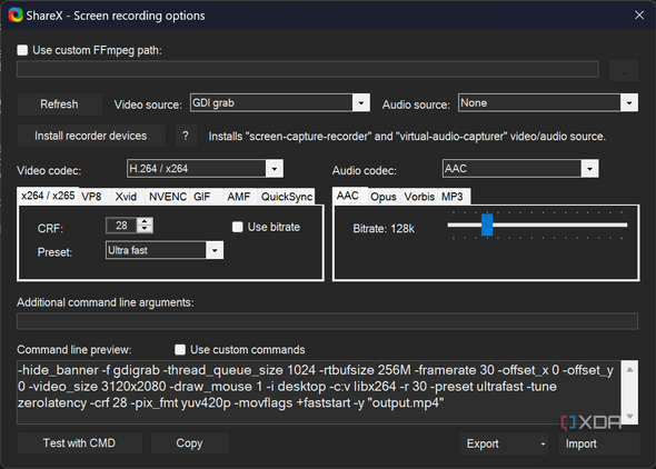 Screenshot of advanced screen recording options in ShareX